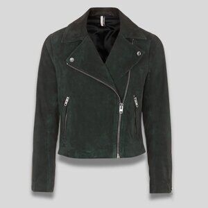 TOPSHOP Suede Caddy Moto Jacket Dark Green Size US 2